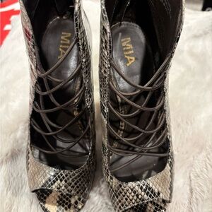 MIA Snakeskin Lace-Up Ankle Booties - Black and Cream